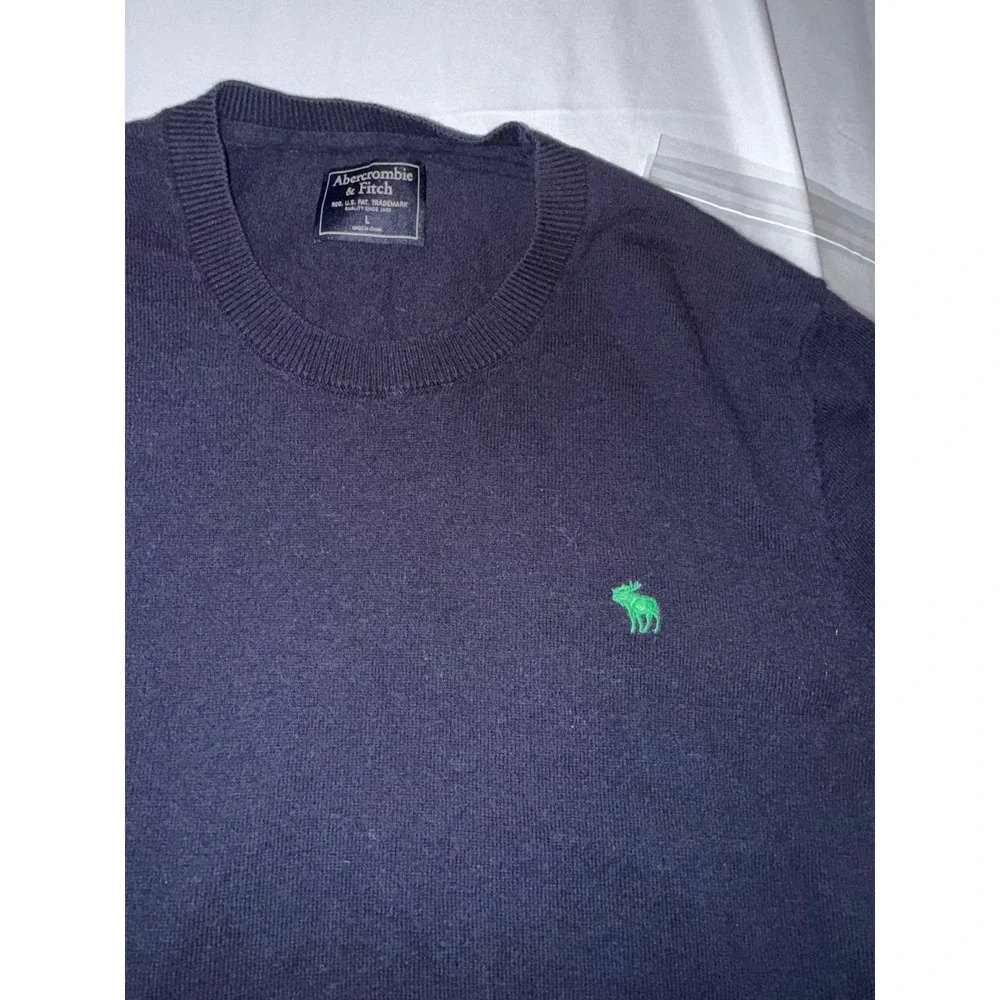 Abercrombie & Fitch Mens Navy Blue Crewneck Sweater Green Moose Logo Size L